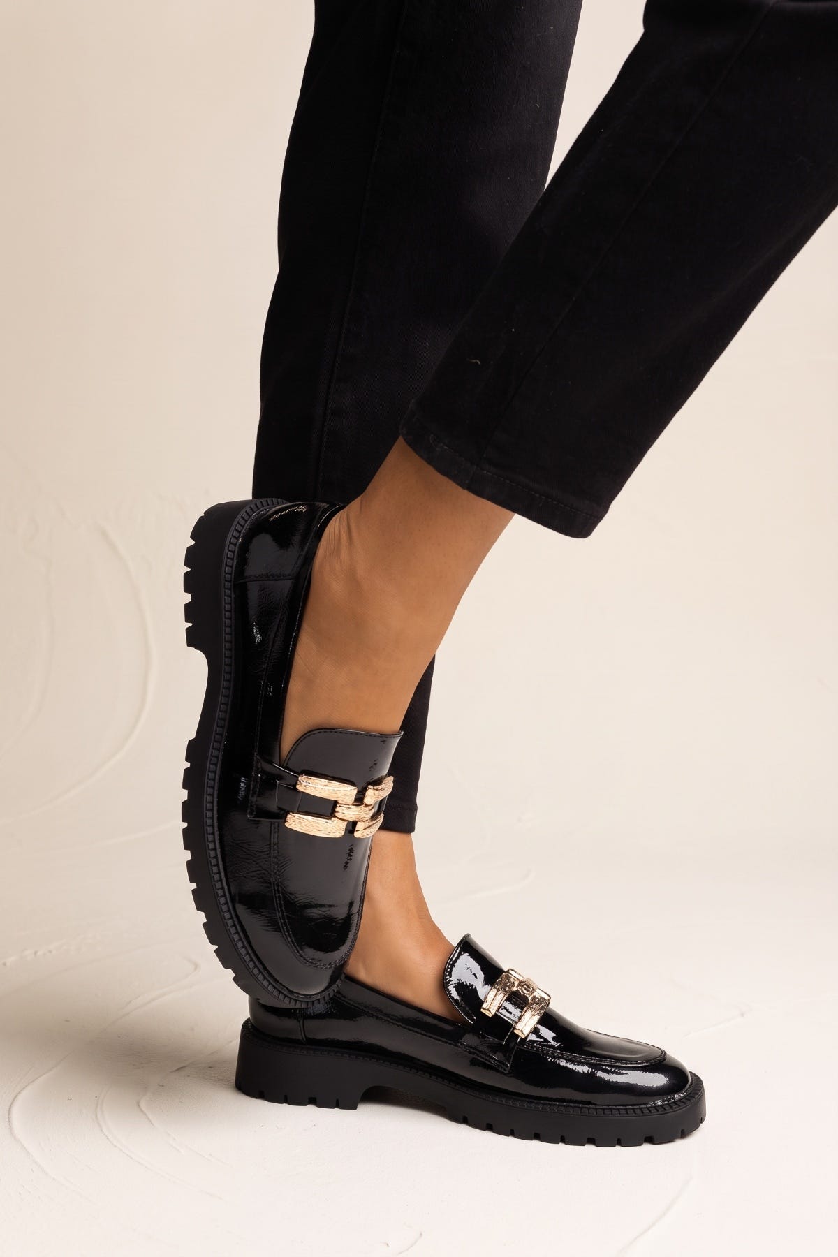 Chunky Sole Loafers Metallic Detail - Black Patent