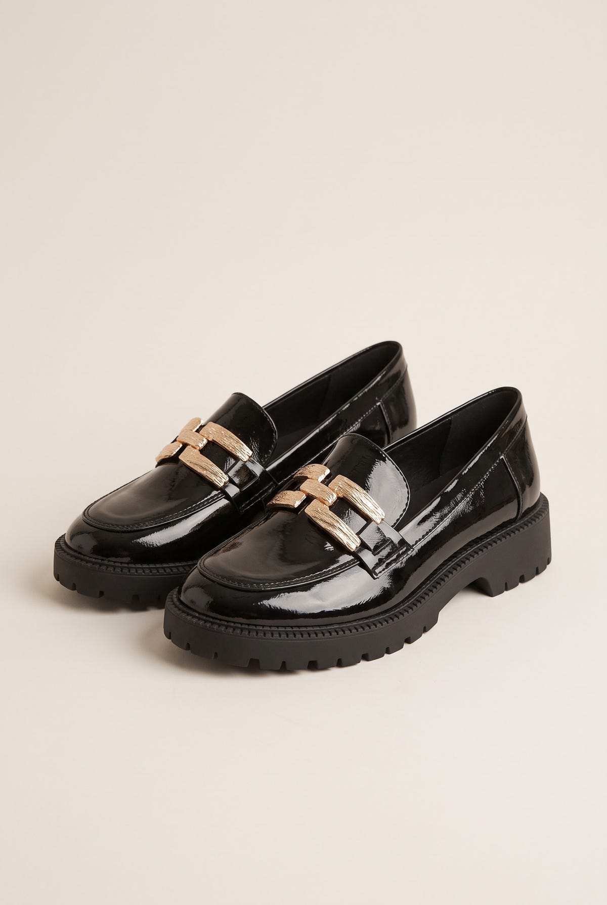 Chunky Sole Loafers Metallic Detail - Black Patent
