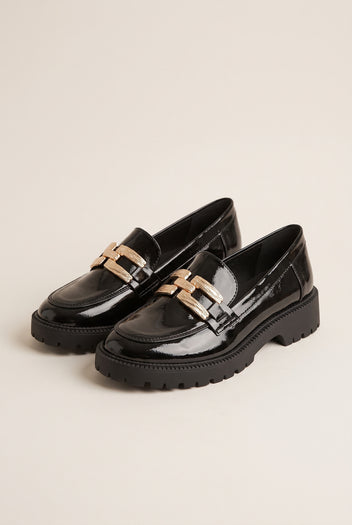 Chunky Sole Loafers Metallic Detail - Black Patent