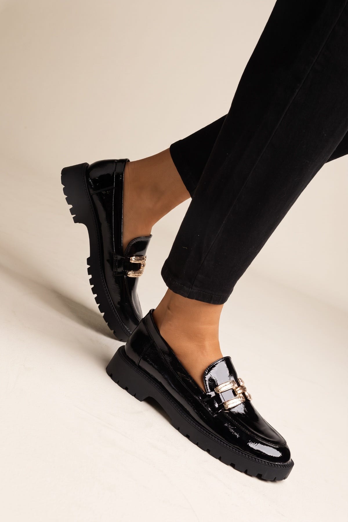 Chunky Sole Loafers Metallic Detail - Black Patent