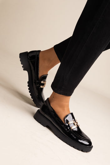 Chunky Sole Loafers Metallic Detail - Black Patent