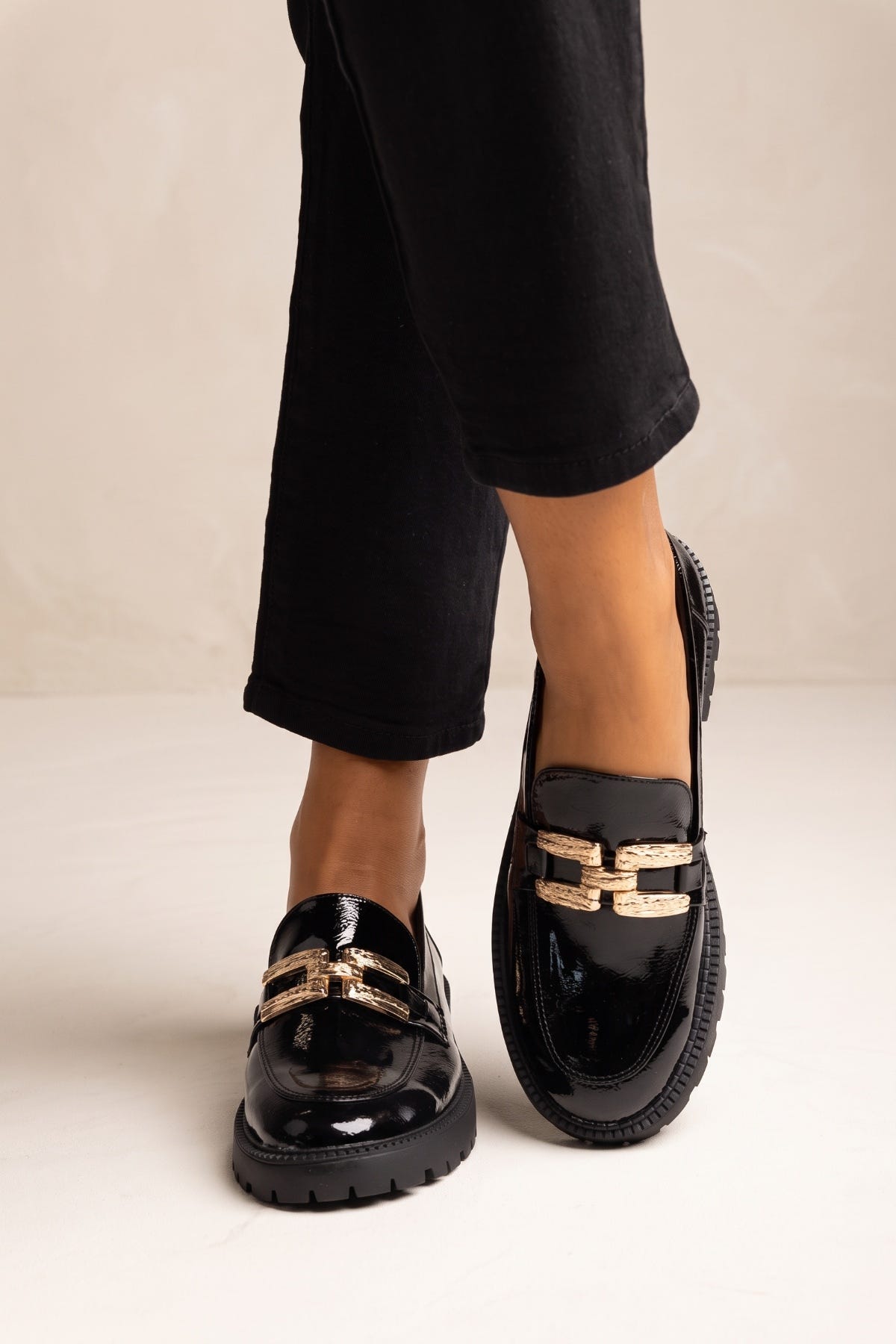 Chunky Sole Loafers Metallic Detail - Black Patent