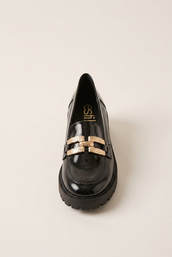 Chunky Sole Loafers Metallic Detail - Black Patent