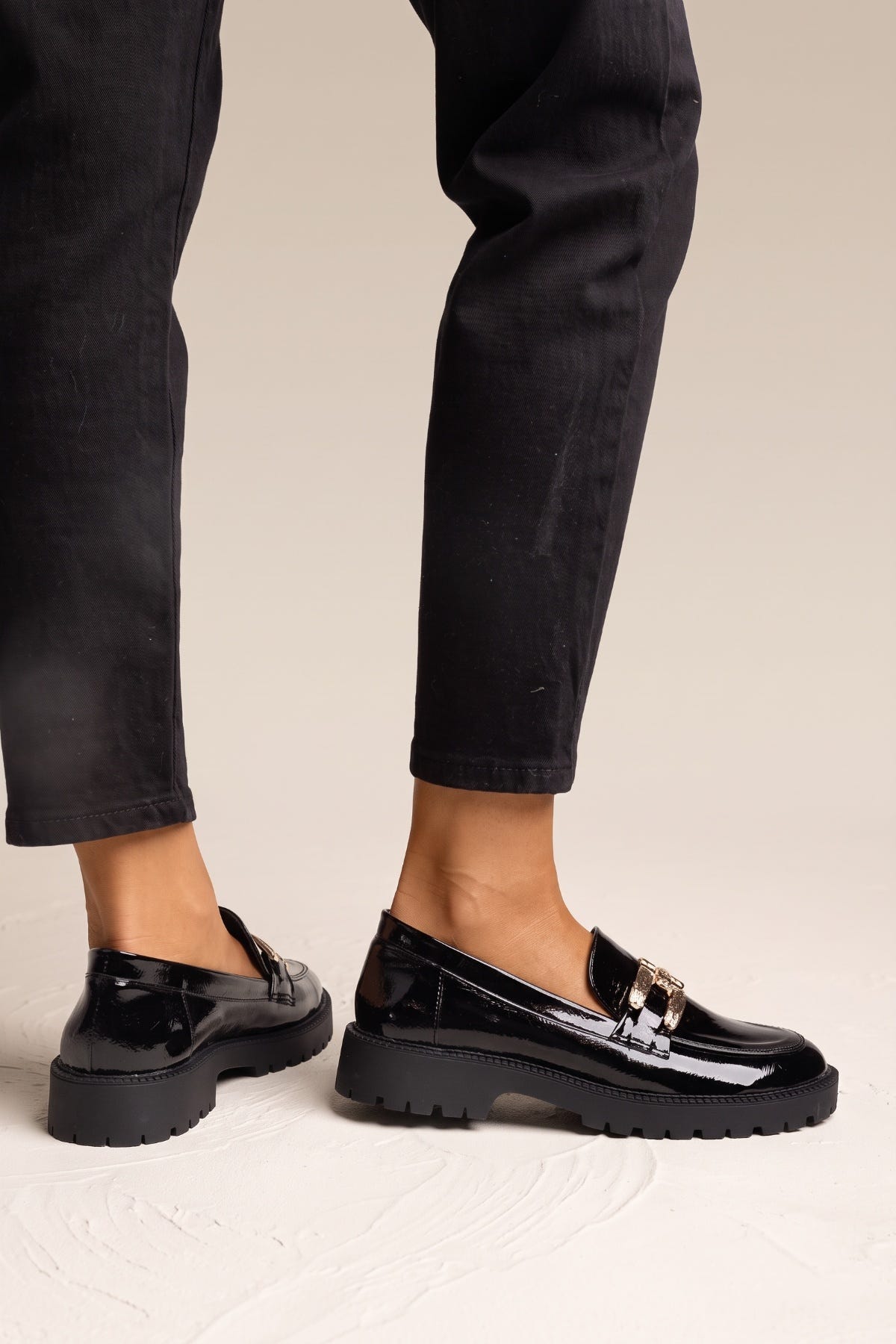 Chunky Sole Loafers Metallic Detail - Black Patent