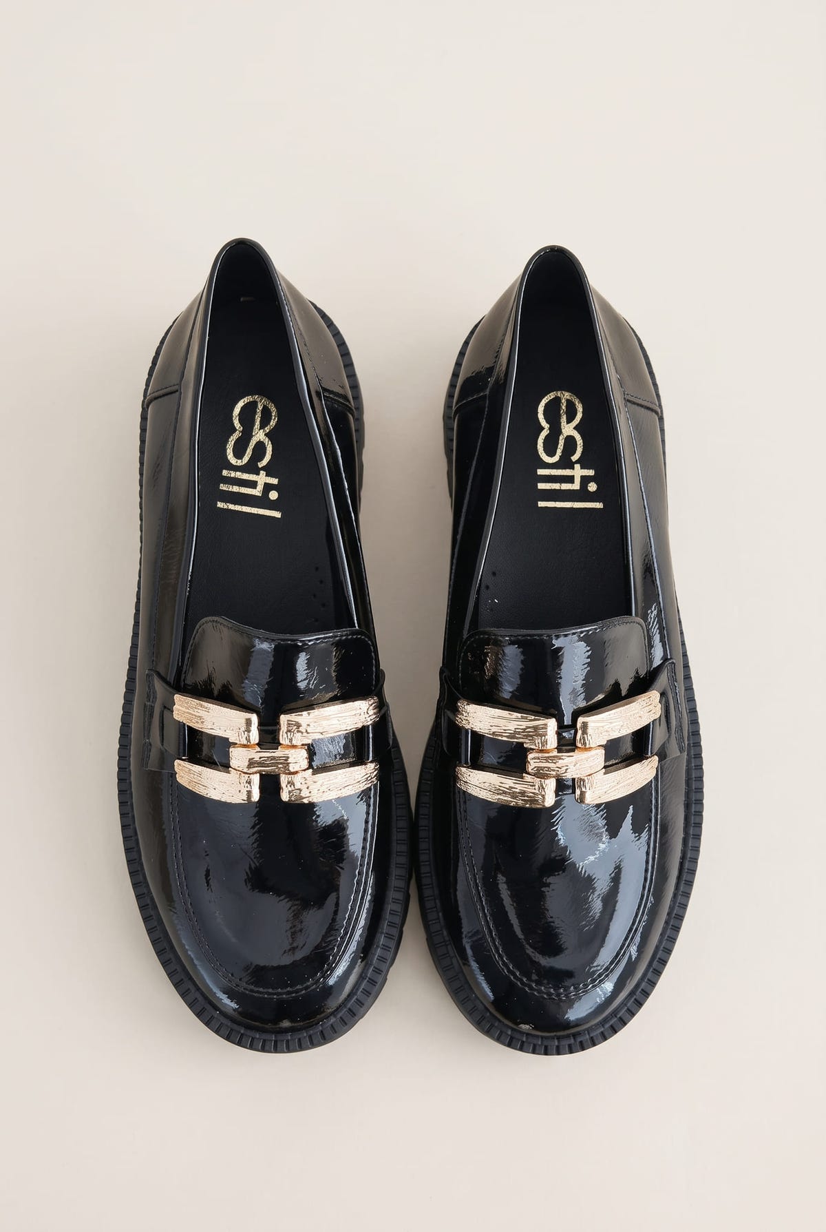 Chunky Sole Loafers Metallic Detail - Black Patent