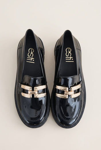 Chunky Sole Loafers Metallic Detail - Black Patent