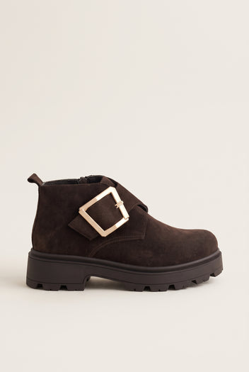 Ankle Boots Statement Buckle - Brown Suede