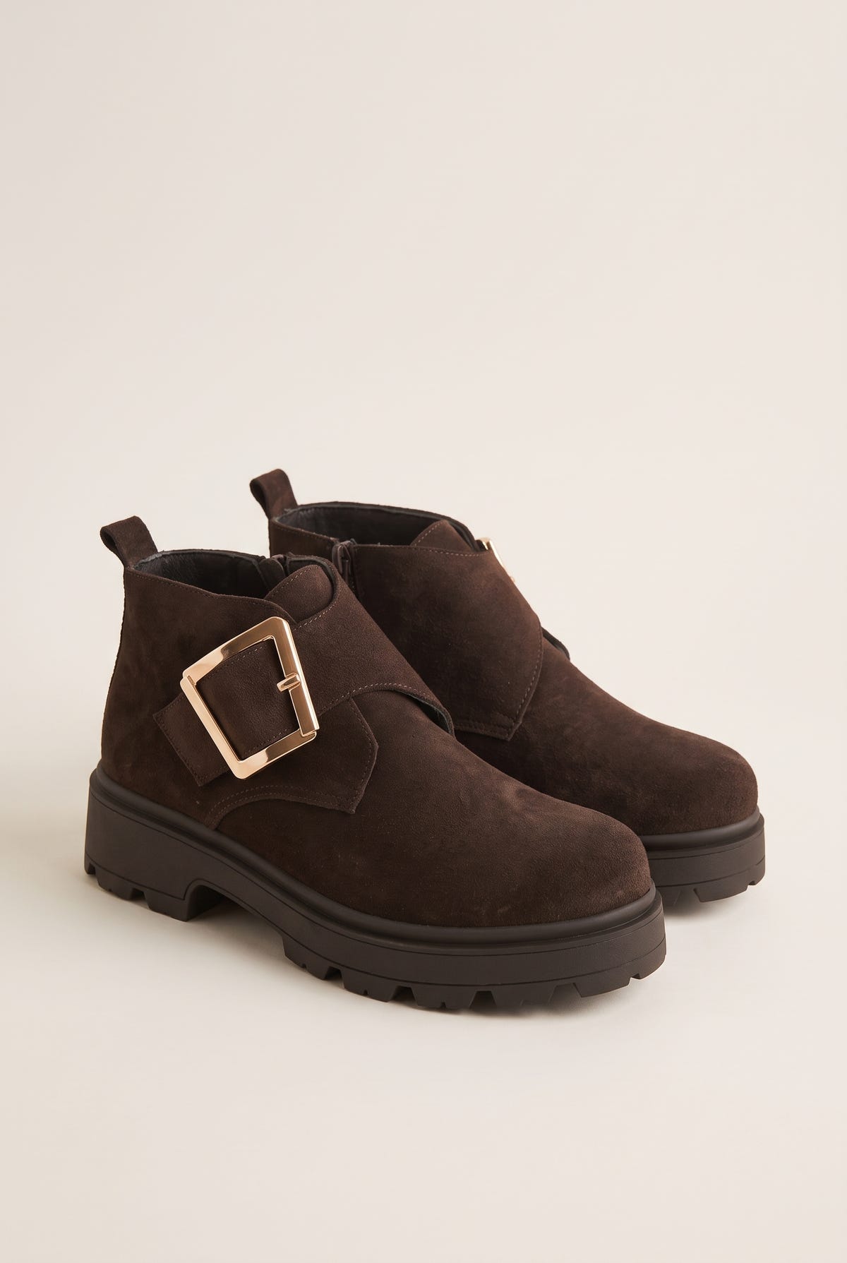 Ankle Boots Statement Buckle - Brown Suede