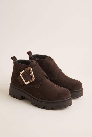 Ankle Boots Statement Buckle - Brown Suede