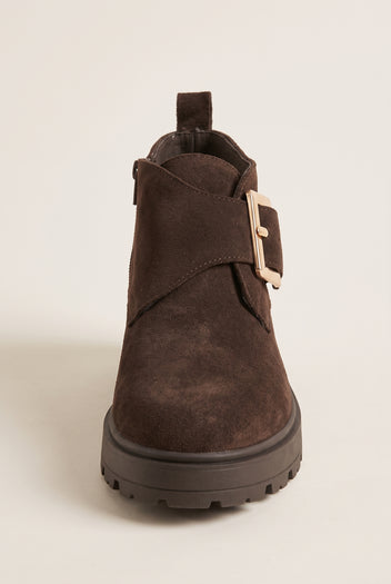 Ankle Boots Statement Buckle - Brown Suede