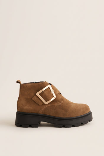 Ankle Boots Statement Buckle - Taupe Suede