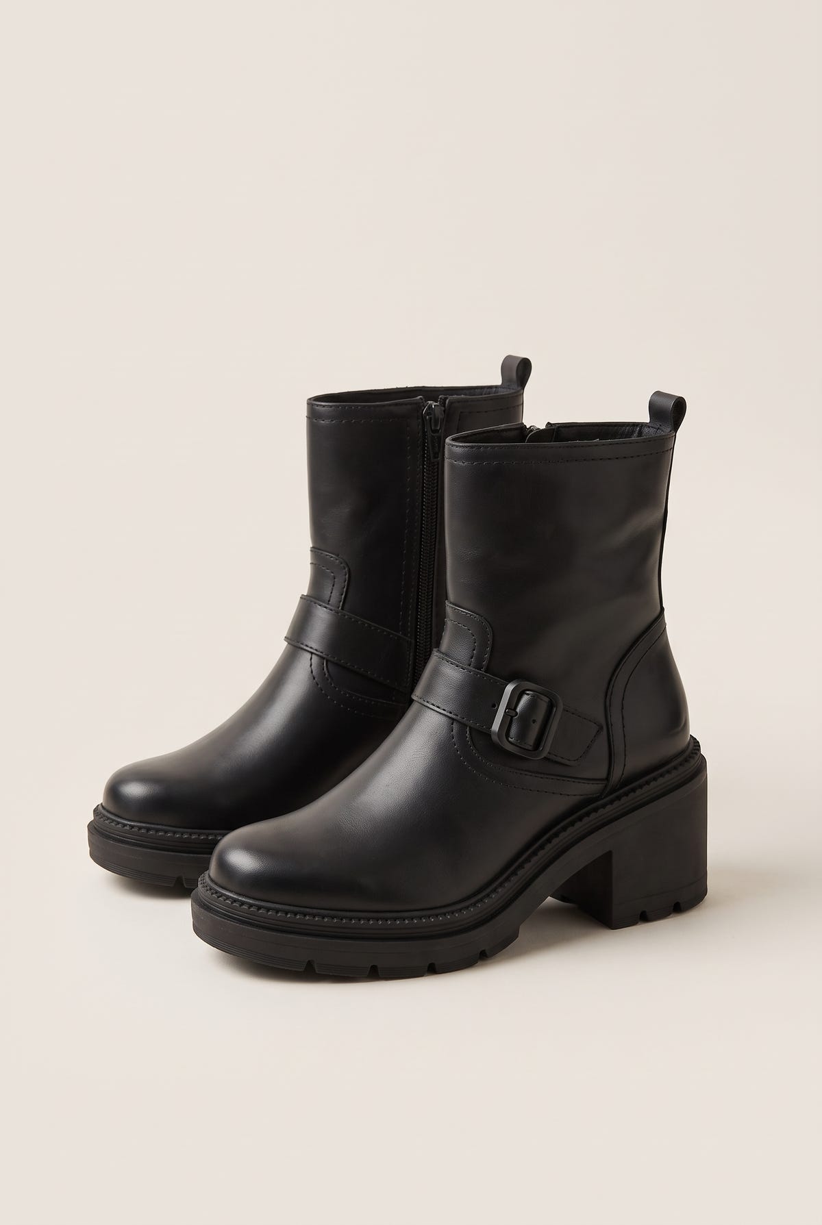 Biker Ankle Boots Block Heel - Black Matte