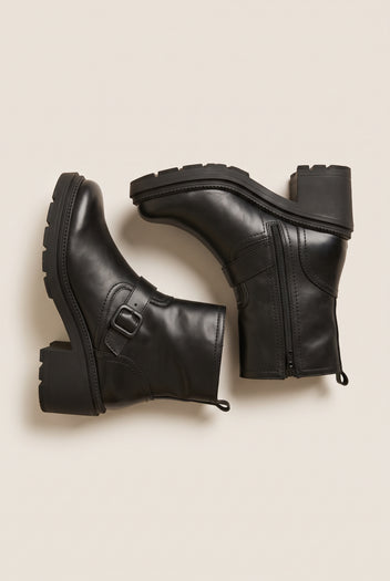 Biker Ankle Boots Block Heel - Black Matte