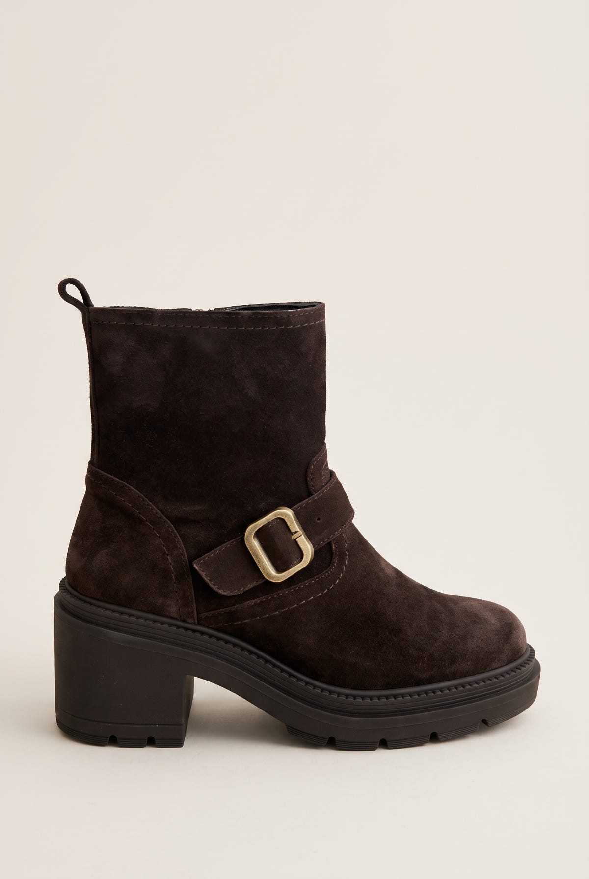Biker Ankle Boots Block Heel - Brown Suede