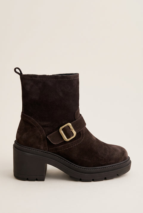 Biker Ankle Boots Block Heel - Brown Suede