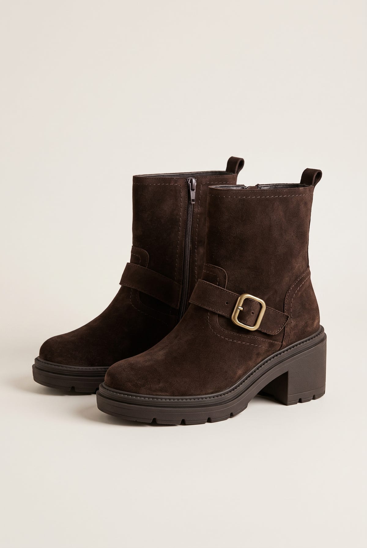 Biker Ankle Boots Block Heel - Brown Suede