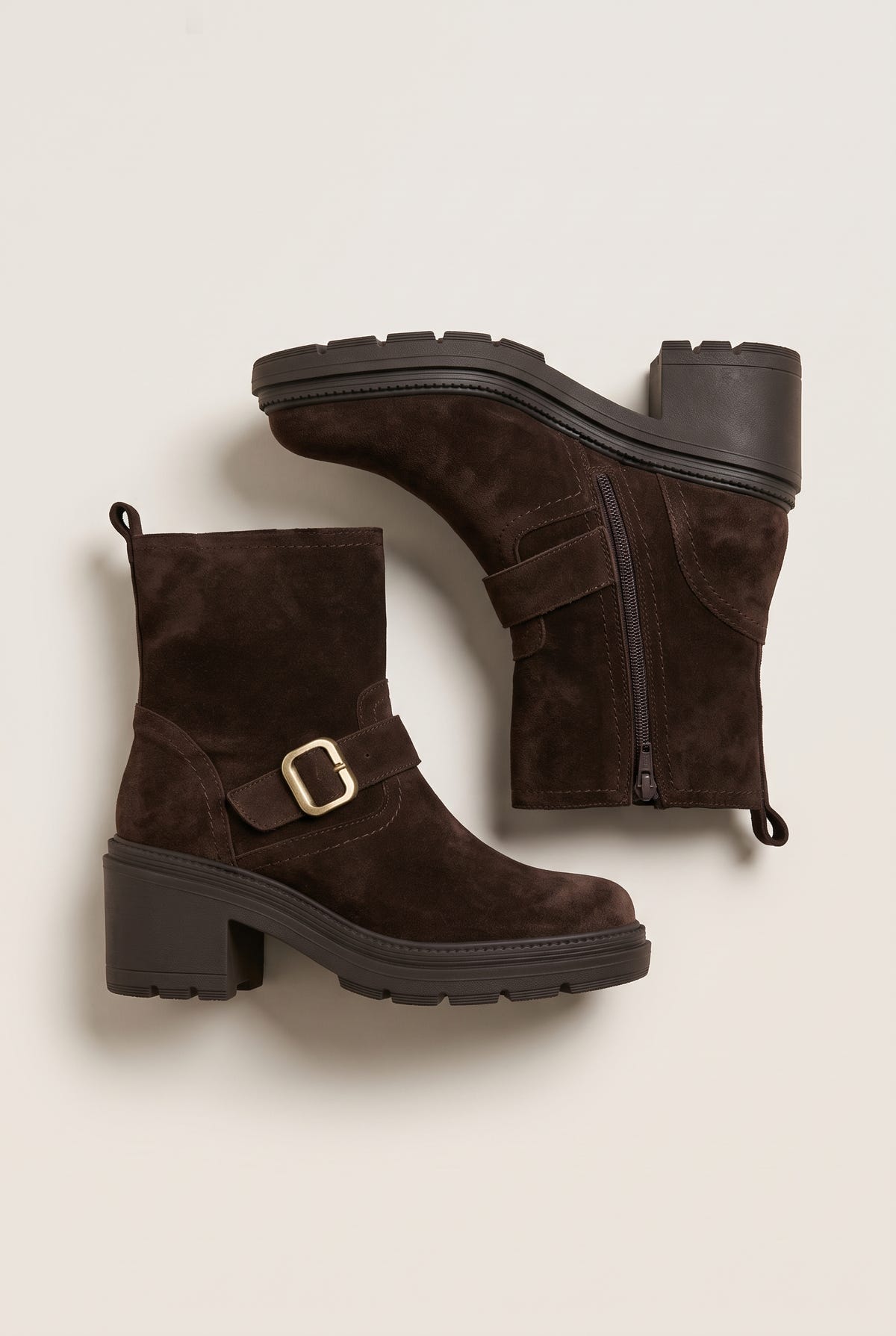 Biker Ankle Boots Block Heel - Brown Suede