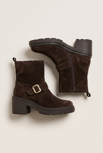 Biker Ankle Boots Block Heel - Brown Suede