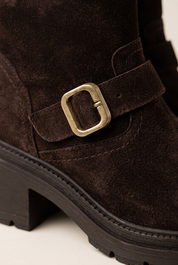 Biker Ankle Boots Block Heel - Brown Suede