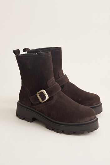 Biker Ankle Boots Buckle Detail - Brown Suede