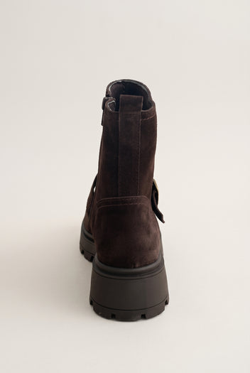 Biker Ankle Boots Buckle Detail - Brown Suede