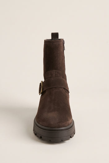 Biker Ankle Boots Buckle Detail - Brown Suede