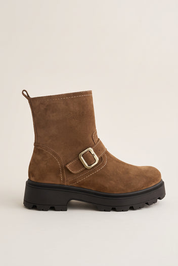 Biker Ankle Boots Buckle Detail - Taupe Suede
