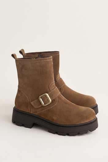 Biker Ankle Boots Buckle Detail - Taupe Suede