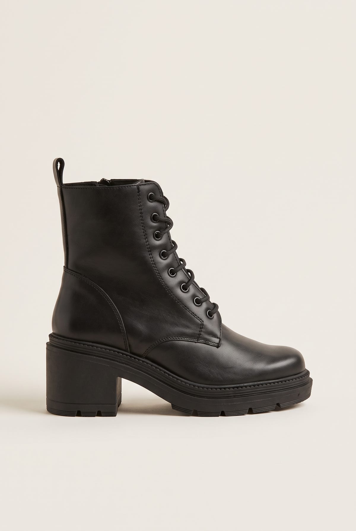 Black leather lace-up ankle boot with black laces, side zip, back pull loop and a chunky block heel, side view on white