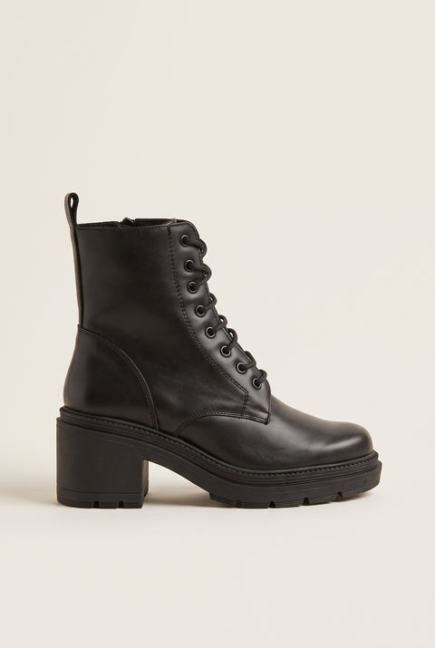 Lace Up Ankle Boots Block Heel - Black Matte