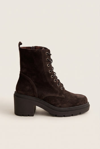 Lace Up Ankle Boots Block Heel - Brown Suede