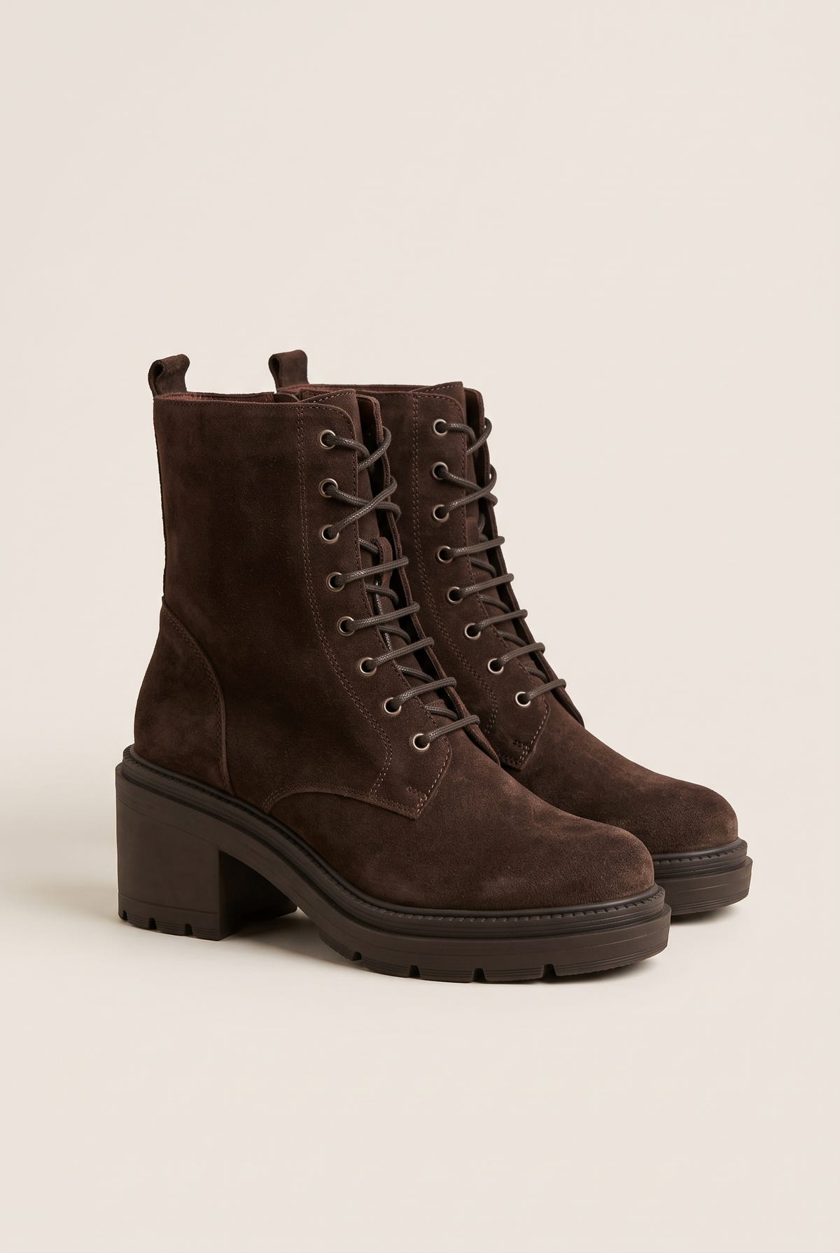 Lace Up Ankle Boots Block Heel - Brown Suede