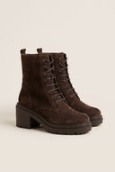 Lace Up Ankle Boots Block Heel - Brown Suede