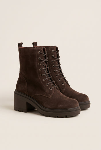 Lace Up Ankle Boots Block Heel - Brown Suede