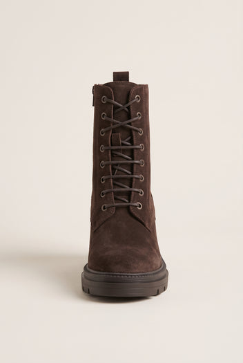 Lace Up Ankle Boots Block Heel - Brown Suede