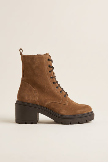 Lace Up Ankle Boots Block Heel - Taupe Suede