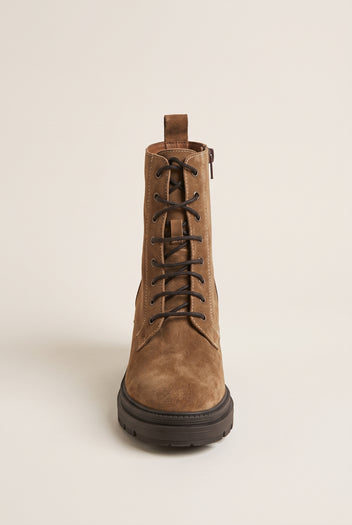 Lace Up Ankle Boots Block Heel - Taupe Suede