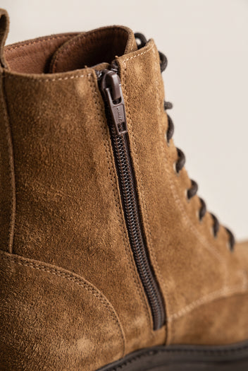 Lace Up Ankle Boots Block Heel - Taupe Suede