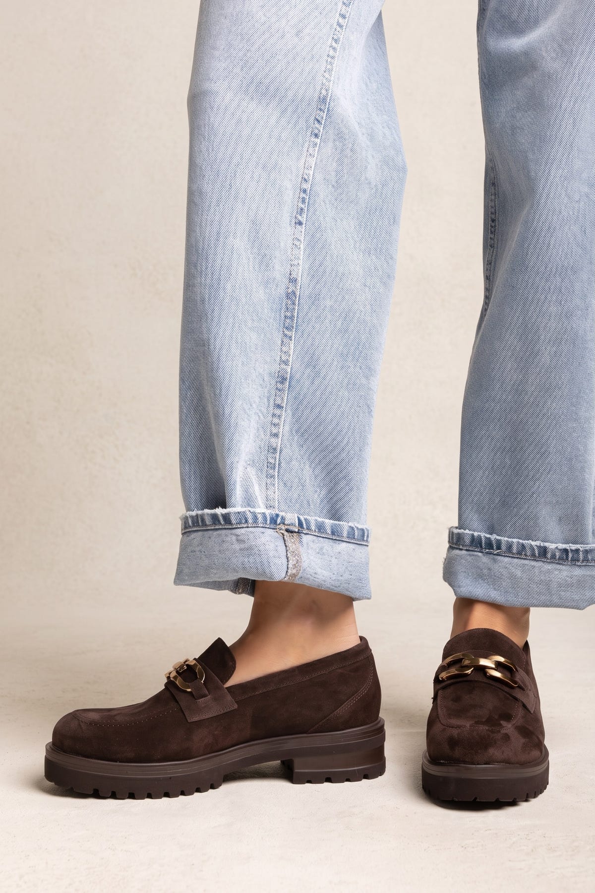 Chunky Sole Loafers Horsebit Detail - Brown Suede