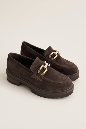 Chunky Sole Loafers Horsebit Detail - Brown Suede