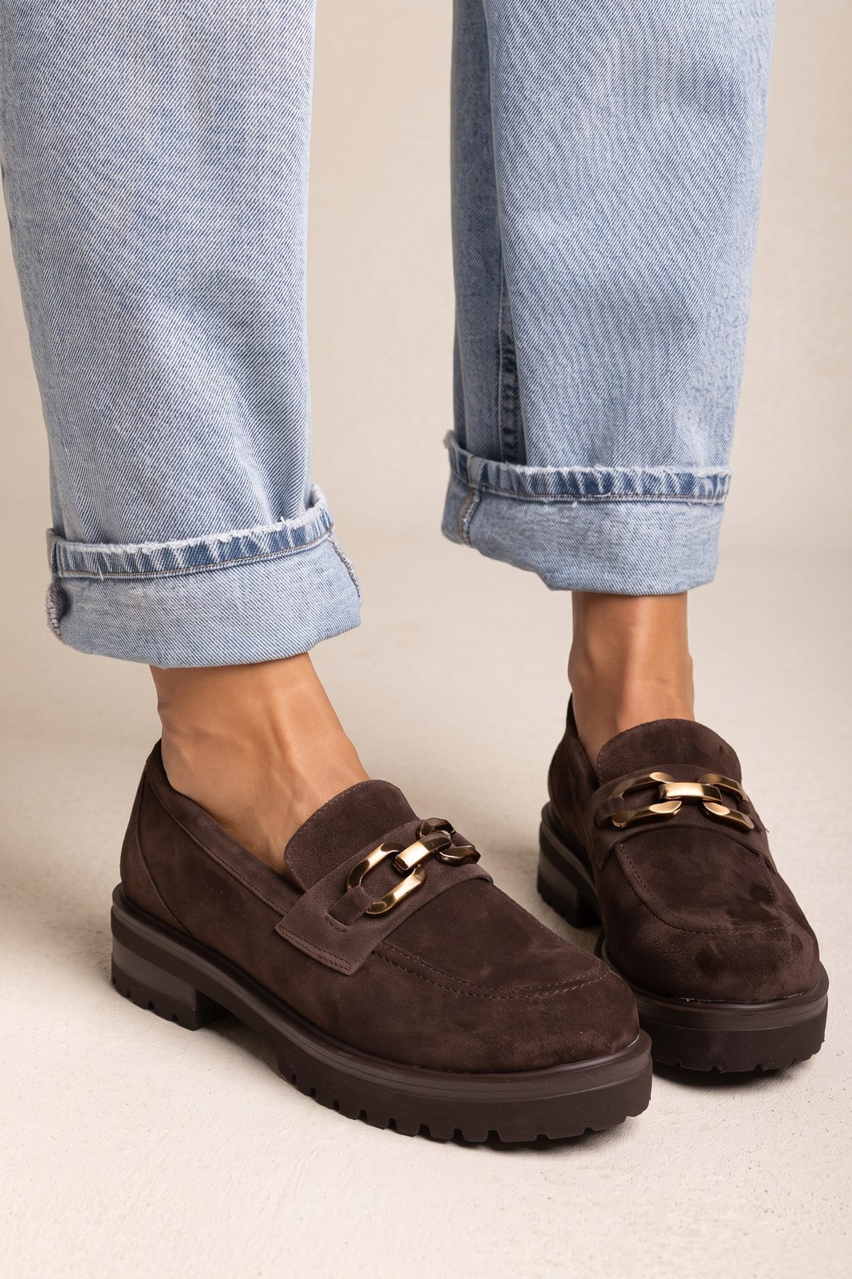 Chunky Sole Loafers Horsebit Detail - Brown Suede