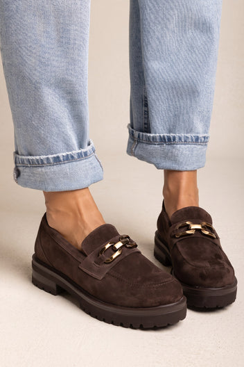 Chunky Sole Loafers Horsebit Detail - Brown Suede