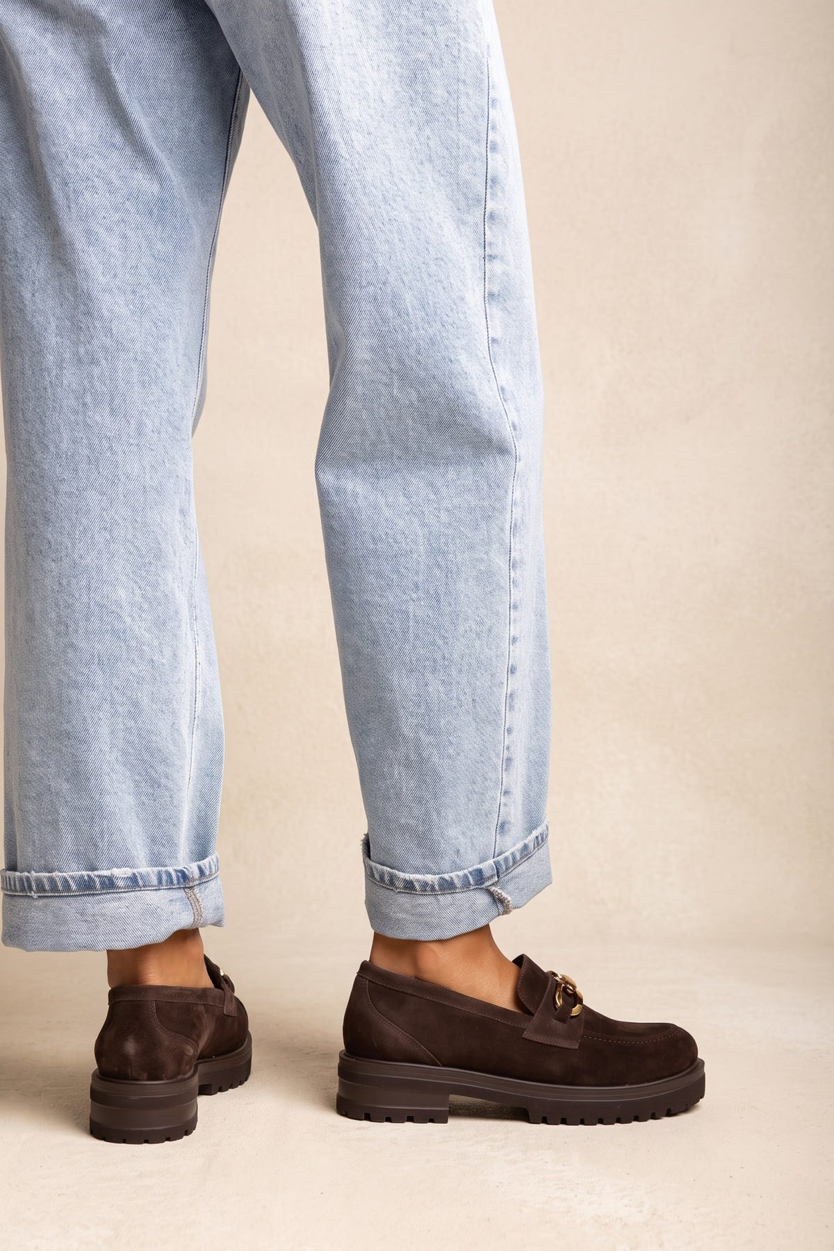 Chunky Sole Loafers Horsebit Detail - Brown Suede