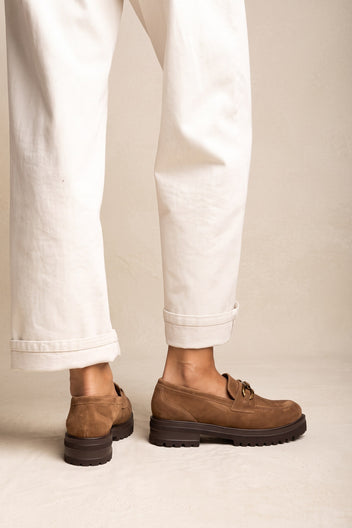 Chunky Sole Loafers Horsebit Detail - Taupe Suede
