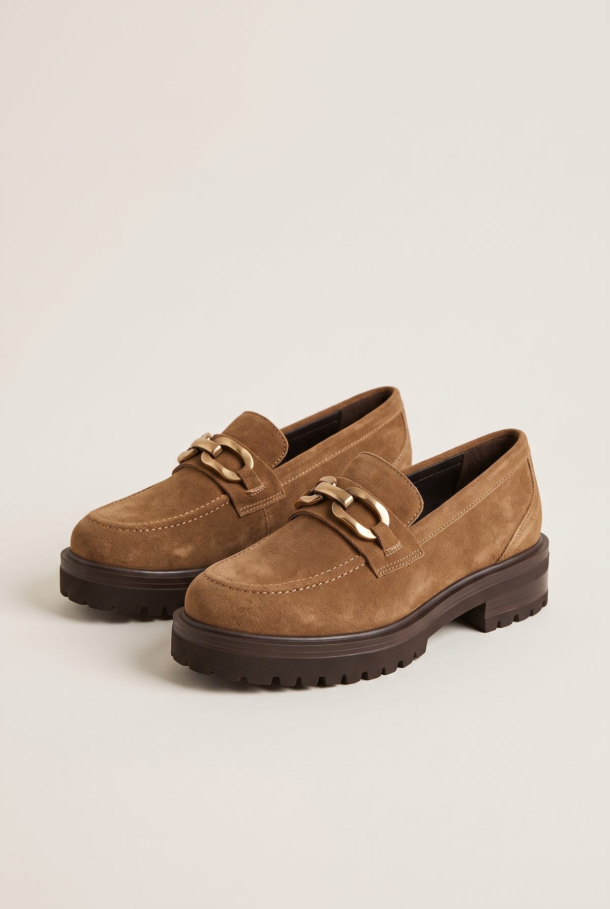 Chunky Sole Loafers Horsebit Detail - Taupe Suede