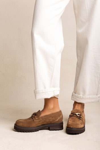 Chunky Sole Loafers Horsebit Detail - Taupe Suede