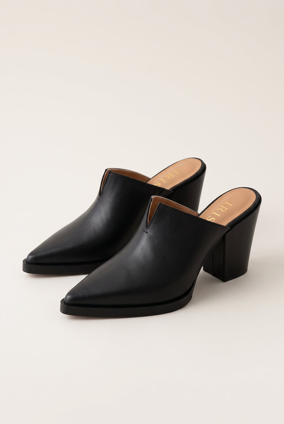 Three-quarter view of a pair of black leather pointed toe mules with V-cut vamp and chunky block heels