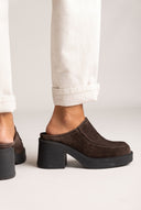 Platform Clogs Block Heel - Brown Suede
