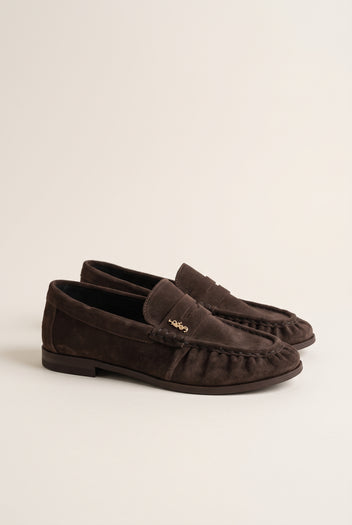 Flat Loafers Pleated Detail  - Brown Suede