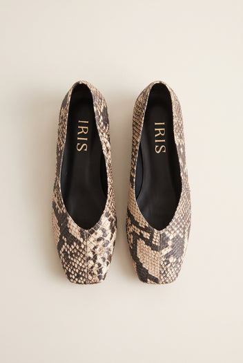 Ballet Flats Square Toe - Beige Snake Print